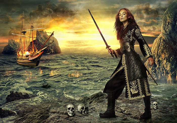 用PS合成海战场景的超酷女海盗图片