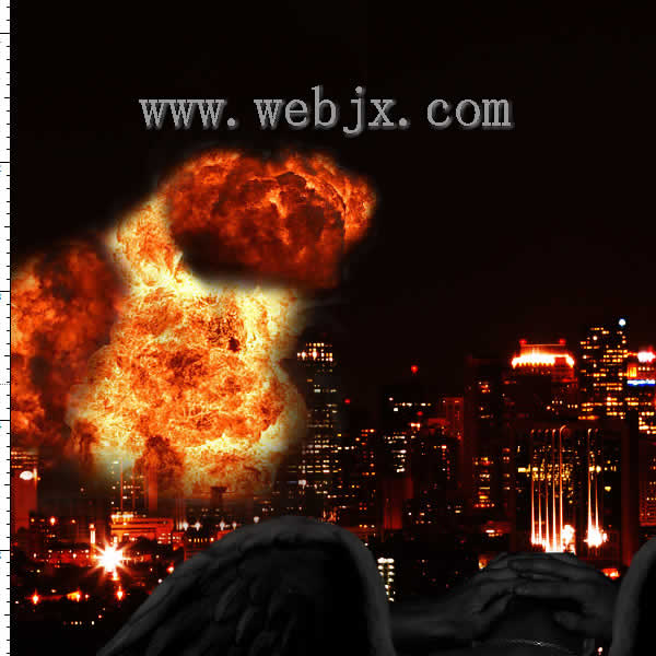 PS合成黑夜中爆炸起火燃烧的城市图片