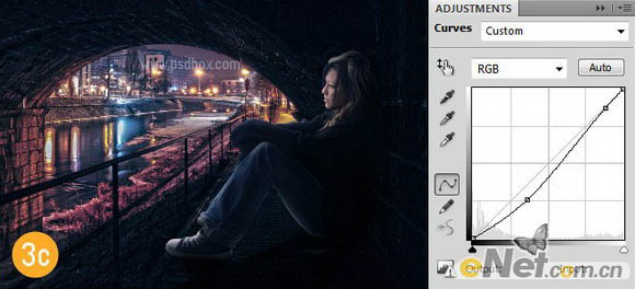 PS合成坐在桥洞中欣赏城市夜景的人物照片
