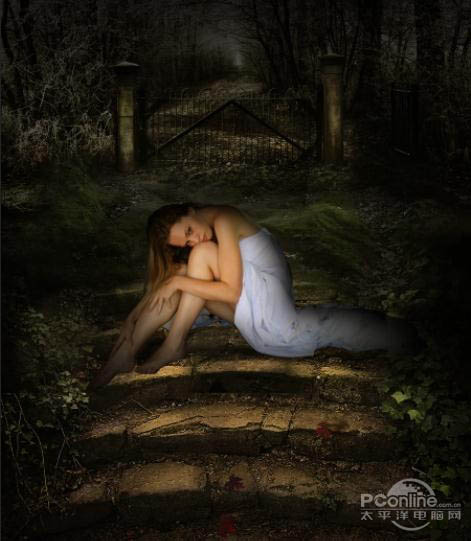 PS合成黑夜提灯坐在石阶上的模特照片