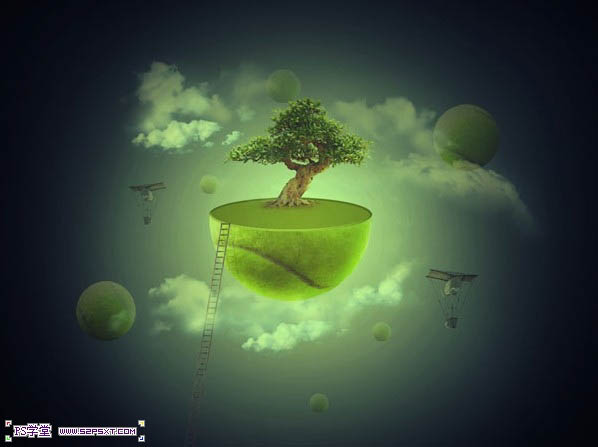 用PS合成漂浮空中的绿色小岛插画图案