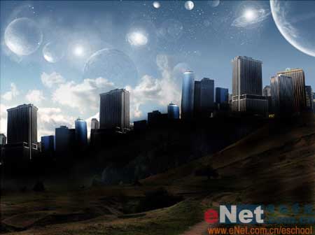 PS合成梦幻宇宙星空背景的城市照片