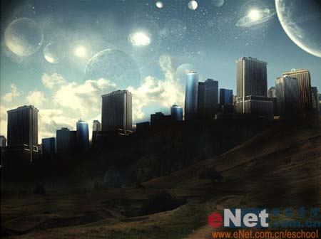 PS合成梦幻宇宙星空背景的城市照片