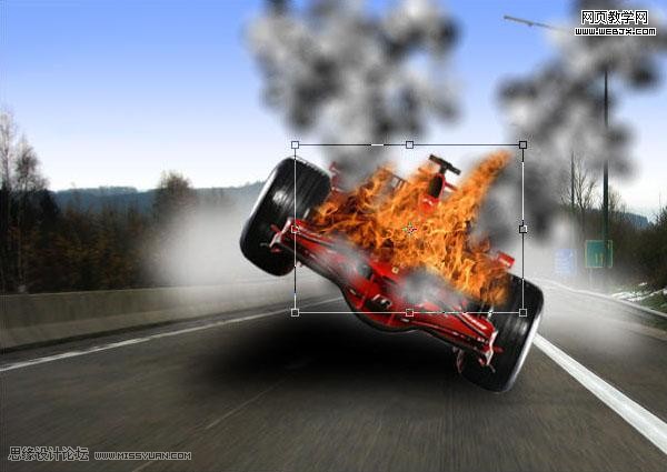 Photoshop合成起火冒烟的F1赛车图片