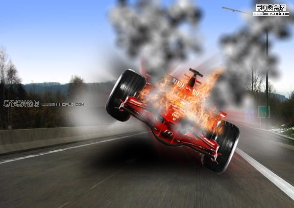 Photoshop合成起火冒烟的F1赛车图片