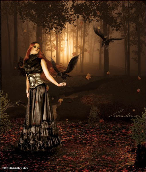 PS合成黑夜恐怖森林中的女巫照片
