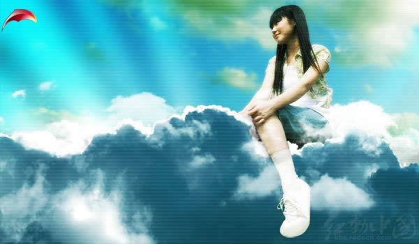 PS合成一张坐在云彩上的女孩照片