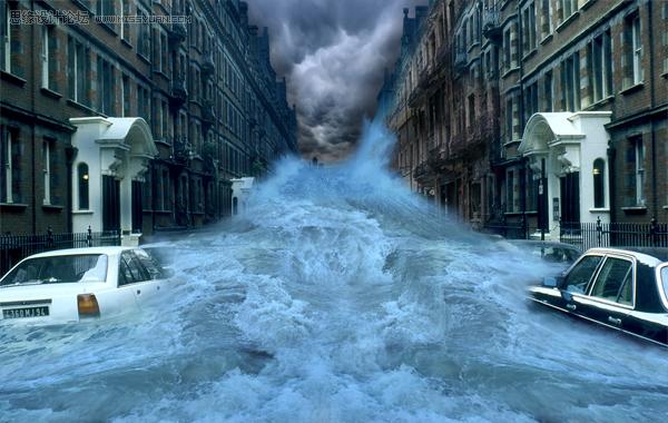 用PS合成洪水涌入的城市街道照片