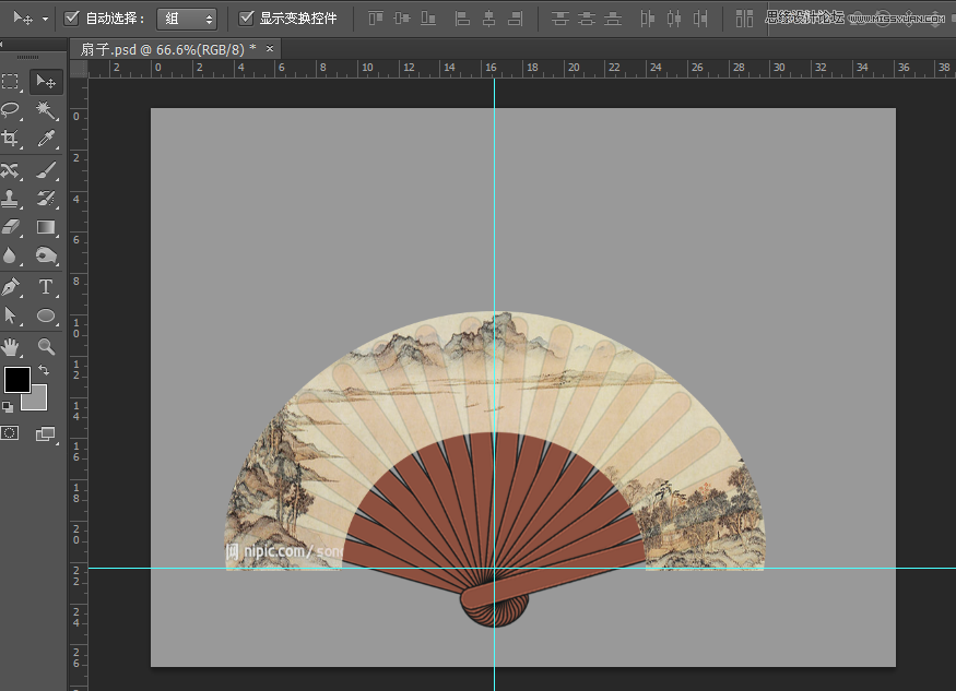Photoshop绘制水墨山水图案的香木折扇