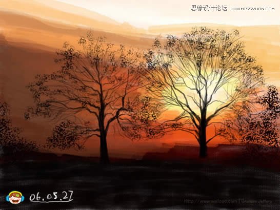 PS鼠绘一幅夕阳照射的树林风景照片