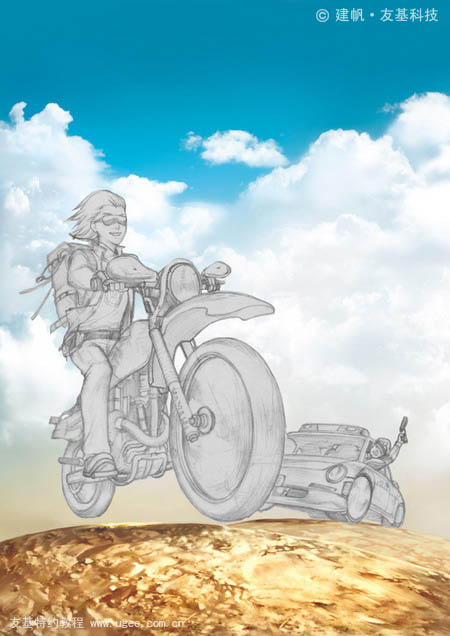PS鼠绘骑着摩托车的帅气男生照片
