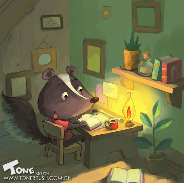 PS鼠绘挑灯夜读的卡通小鼬鼠