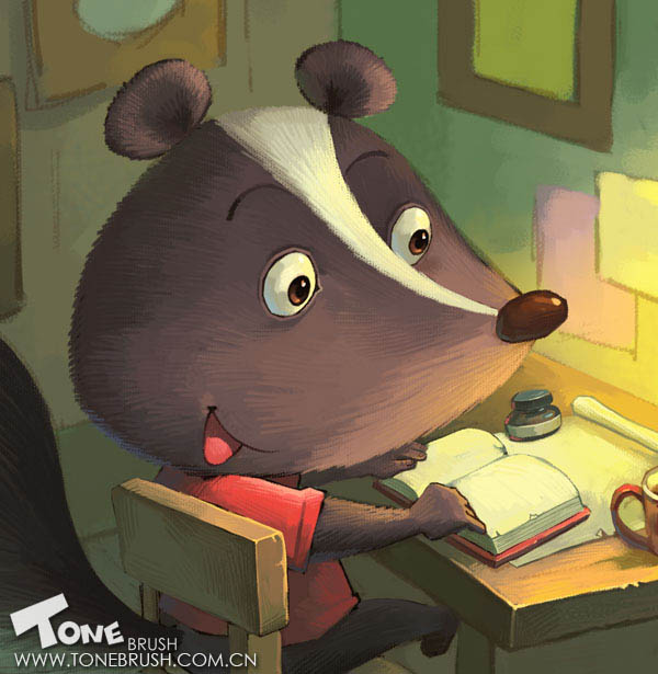 PS鼠绘挑灯夜读的卡通小鼬鼠
