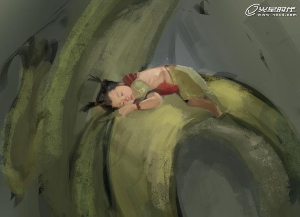 PS鼠绘趴在巨龙背上睡觉的小灵童