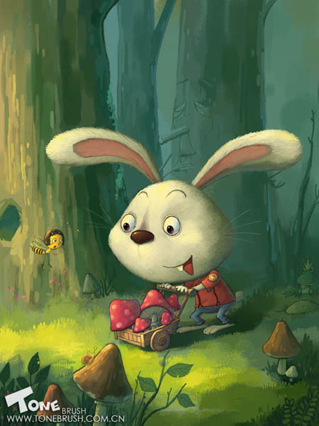 PS鼠绘正在采蘑菇的卡通小兔子