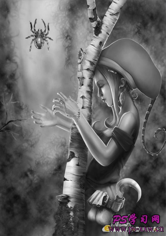 PS鼠绘在森林中沉思的女孩照片