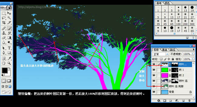 PS鼠绘阳光照射的古树场景插画