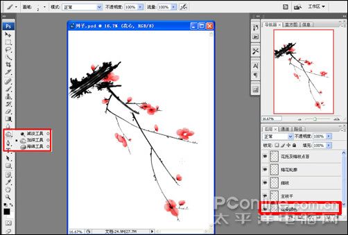 PS鼠绘色彩鲜艳的水墨梅花效果