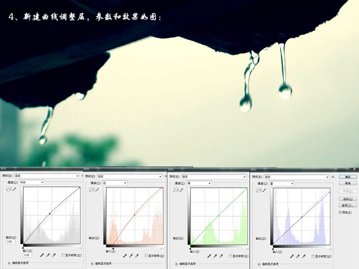 灰朦雨滴风景照片PS调成绿色清爽效果