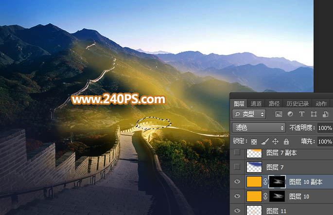 给长城风景照片添加唯美夕阳效果的PS方法