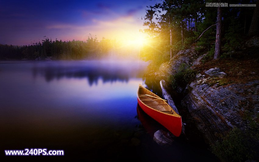 给湖景照片添加漂亮霞光效果的Photoshop方法