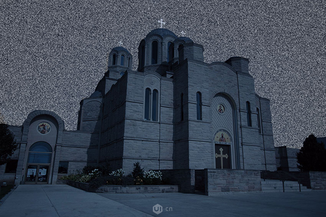 将白天教堂照片转成黑夜效果的PS技巧