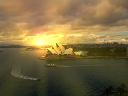给悉尼歌剧院阴天照片加上漂亮霞光效果
