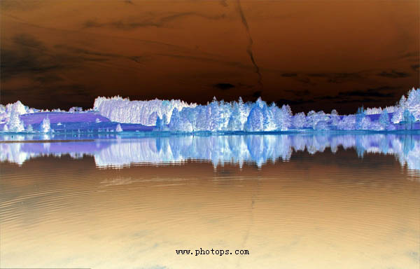 PS调出白色松树林效果的湖景照片