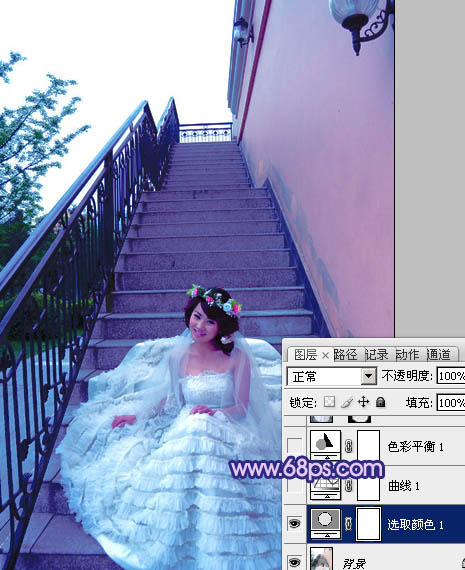 PS紫红色楼梯台阶下的非主流婚片