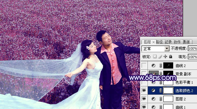 PS调出紫色花丛背景的结婚照片