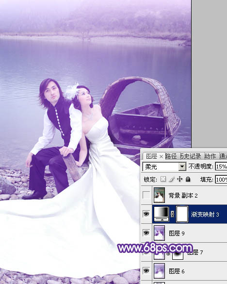 PS怎么调出紫色河滩风景婚纱摄影照片