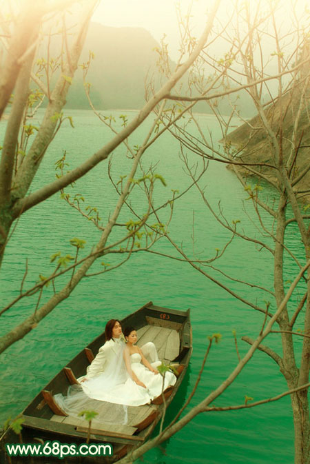 如何用PS制作藏青色湖景婚片摄影照片
