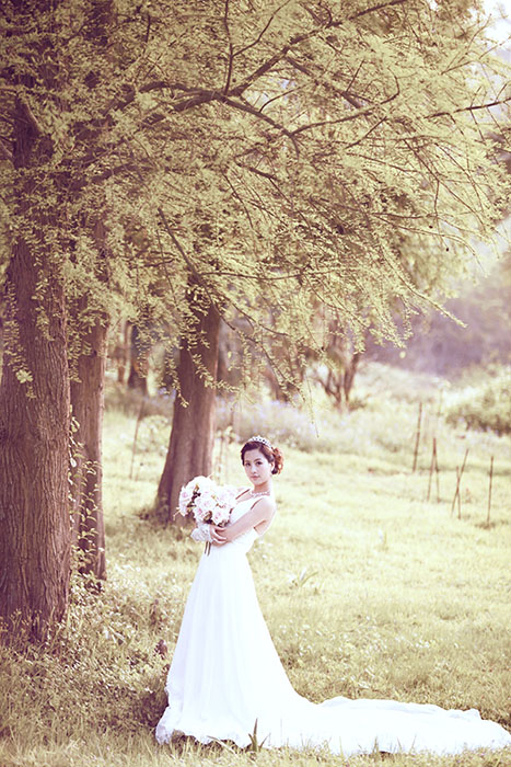 外景婚纱，调出淡雅的小树林婚纱照片