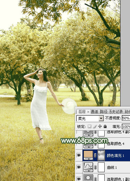 Photoshop调出黄绿色树景美女图片教程
