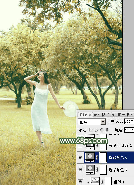 Photoshop调出黄绿色树景美女图片教程