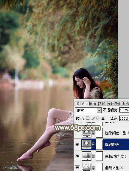 Photoshop打造甜美的红褐色河景美女图片