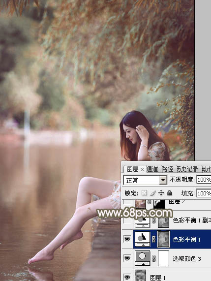 Photoshop打造甜美的红褐色河景美女图片