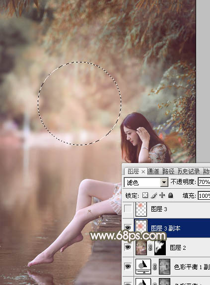 Photoshop打造甜美的红褐色河景美女图片