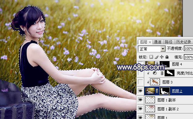 Photoshop打造甜美的暗褐色草地美女图片