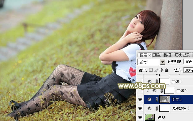 Photoshop快速给树木边的美女加上甜美的暖褐色