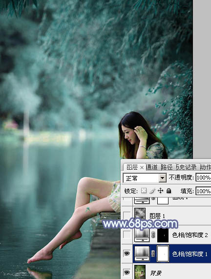 Photoshop打造梦幻的淡蓝色水景美女图片