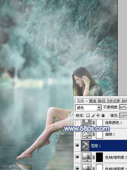 Photoshop打造梦幻的淡蓝色水景美女图片