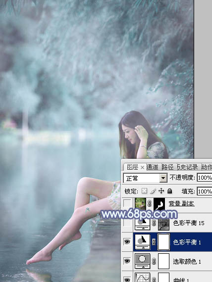 Photoshop打造梦幻的淡蓝色水景美女图片