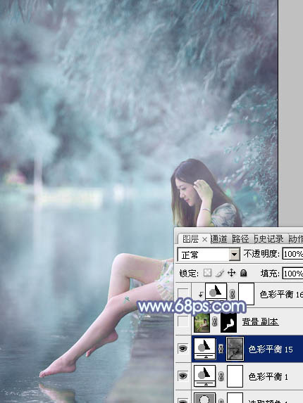 Photoshop打造梦幻的淡蓝色水景美女图片
