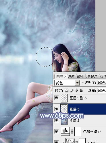 Photoshop打造梦幻的淡蓝色水景美女图片