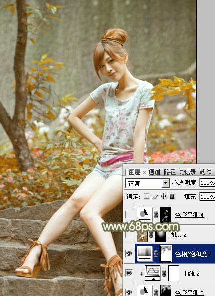 Photoshop给石阶上的美女加上柔和的红褐色