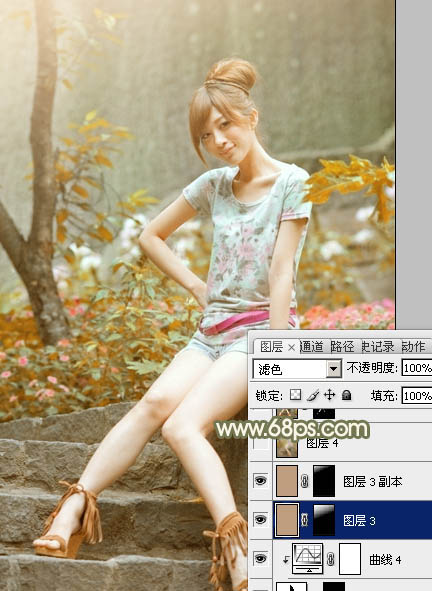 Photoshop给石阶上的美女加上柔和的红褐色