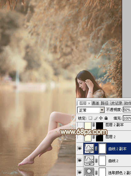 Photoshop打造柔和淡美的红褐色湖景美女图片