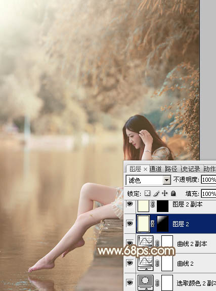 Photoshop打造柔和淡美的红褐色湖景美女图片