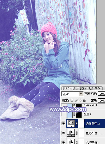 Photoshop给墙边的美女加上甜美的冬季淡蓝色